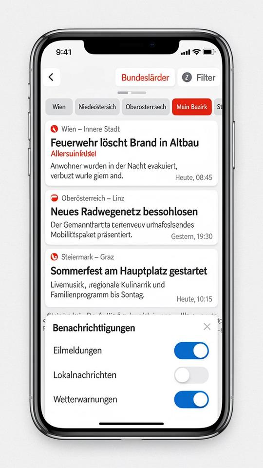 App-Screenshot: Regionaler News-Feed mit Bezirk-Filter und Alert-Einstellungen