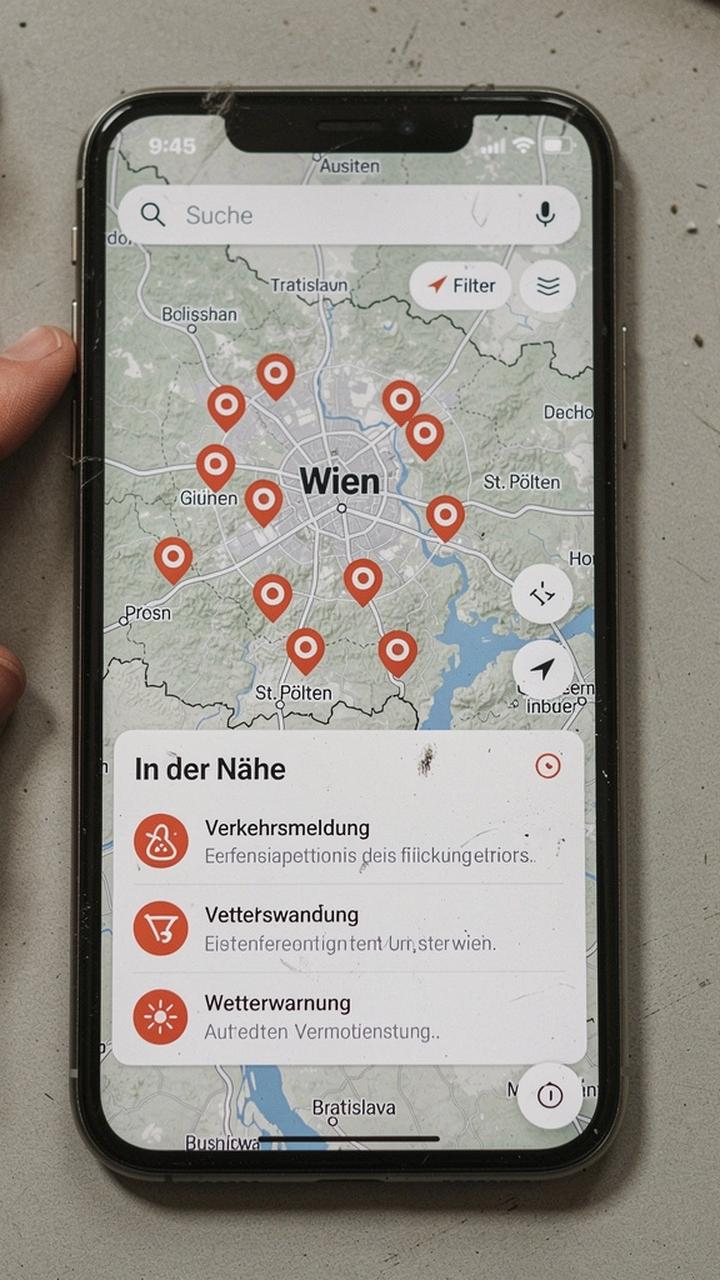 Kartenansicht mit Pins und lokalen Meldungen in der Umgebung